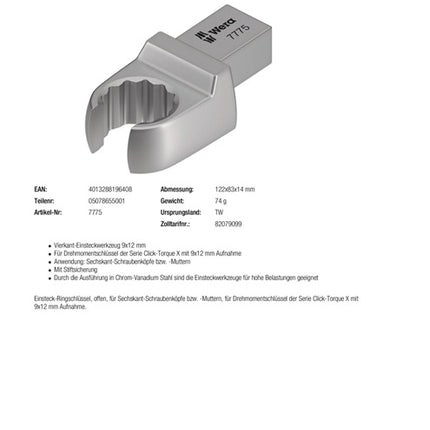 Chiave a scatola Wera 7775 ( 8000377418 ) Larghezza tra i piani 17 mm 9 x 12 mm