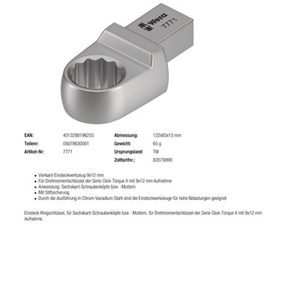Wera Einsteckringschlüssel 7771 ( 8000377406 ) Schlüsselweite 17 mm 9 x 12 mm