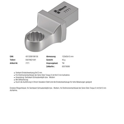 Chiave a scatola Wera 7771 ( 8000377411 ) Larghezza tra i piani 8 mm 9 x 12 mm