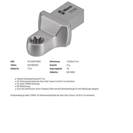 Wera Einsteckschlüssel 7776 ( 8000377438 ) Schlüsselweite TX 10 9 x 12 mm
