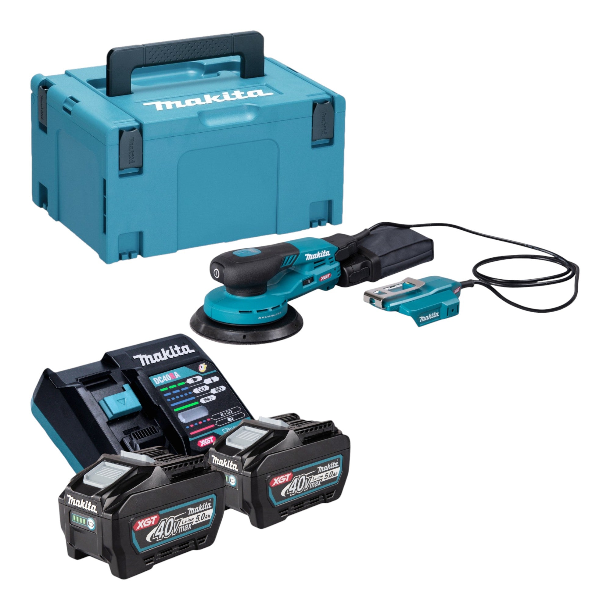 Makita BO 004 CGT201 Akku Exzenterschleifer 40 V max 150 mm 3 0 mm Hub Brushless 2x Akku 5 0 Ah Ladegeraet Makpac 0 - toolbrothers