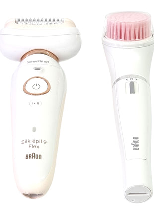 BRAUN Silk-épil 9 Flex 9-100 zestaw kosmetyczny depilator damski / depilator + szczoteczka do oczyszczania twarzy FaceSpa + 9 nasadek + torba biały / złoty