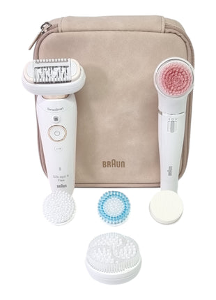 BRAUN Silk-épil 9 Flex 9-100 zestaw kosmetyczny depilator damski / depilator + szczoteczka do oczyszczania twarzy FaceSpa + 9 nasadek + torba biały / złoty