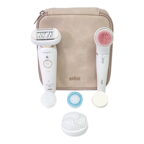 BRAUN Silk-pil 9 Flex 9-100 Coffret beauté Epilateur Femme + brosse nettoyante visage FaceSpa + 9 accessoires + housse blanche / dorée