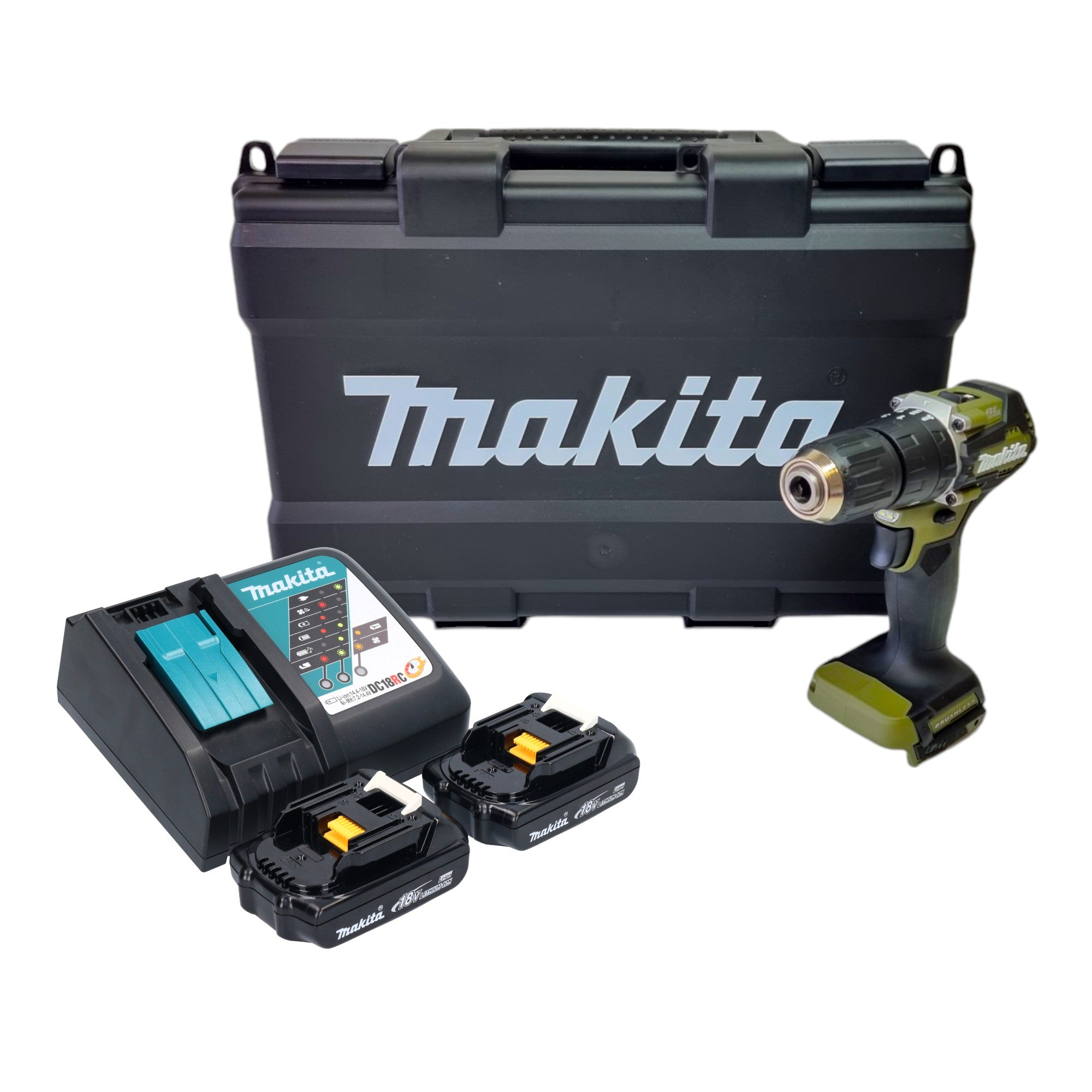 Makita DHP 487 RYKO Akku Schlagbohrschrauber 18 V 40 Nm Brushless Olive Outdoor Adventure Serie 2x Akku 1 5 Ah Ladegeraet Koffer 0 - toolbrothers