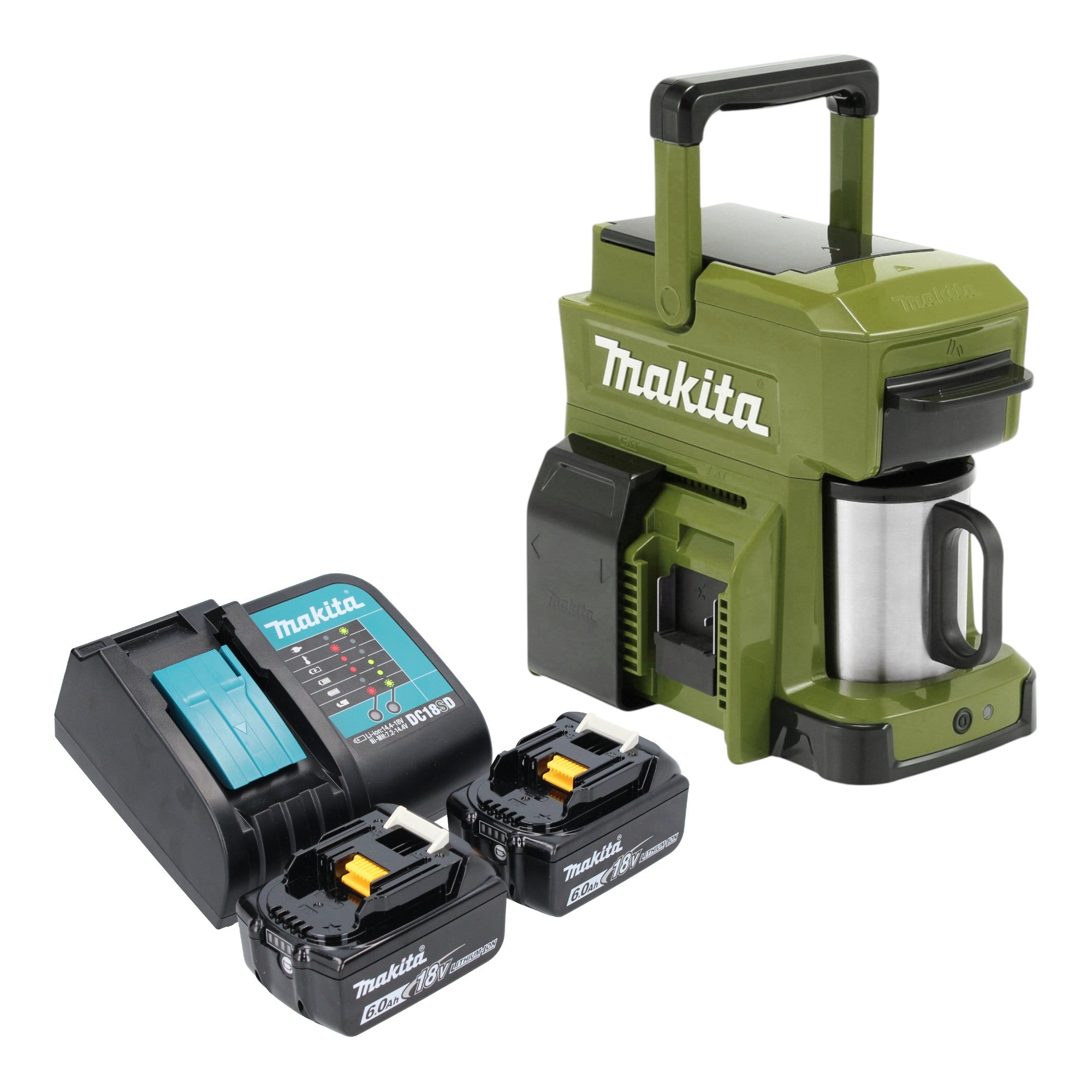 Makita DCM 501 SG2O Akku Kaffeemaschine 12 V max 18 V Olive 2x Akku 6 0 Ah Ladegeraet 0 - toolbrothers