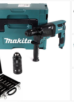 Makita HR 2631 FTJ  800 W Kombihammer mit SDS Plus Bohrfutter und Schnellspannbohrfutter im Makpac + Bosch Meißel und Bohrer Set 11 tlg. für SDS-Plus in Alukoffer - Toolbrothers