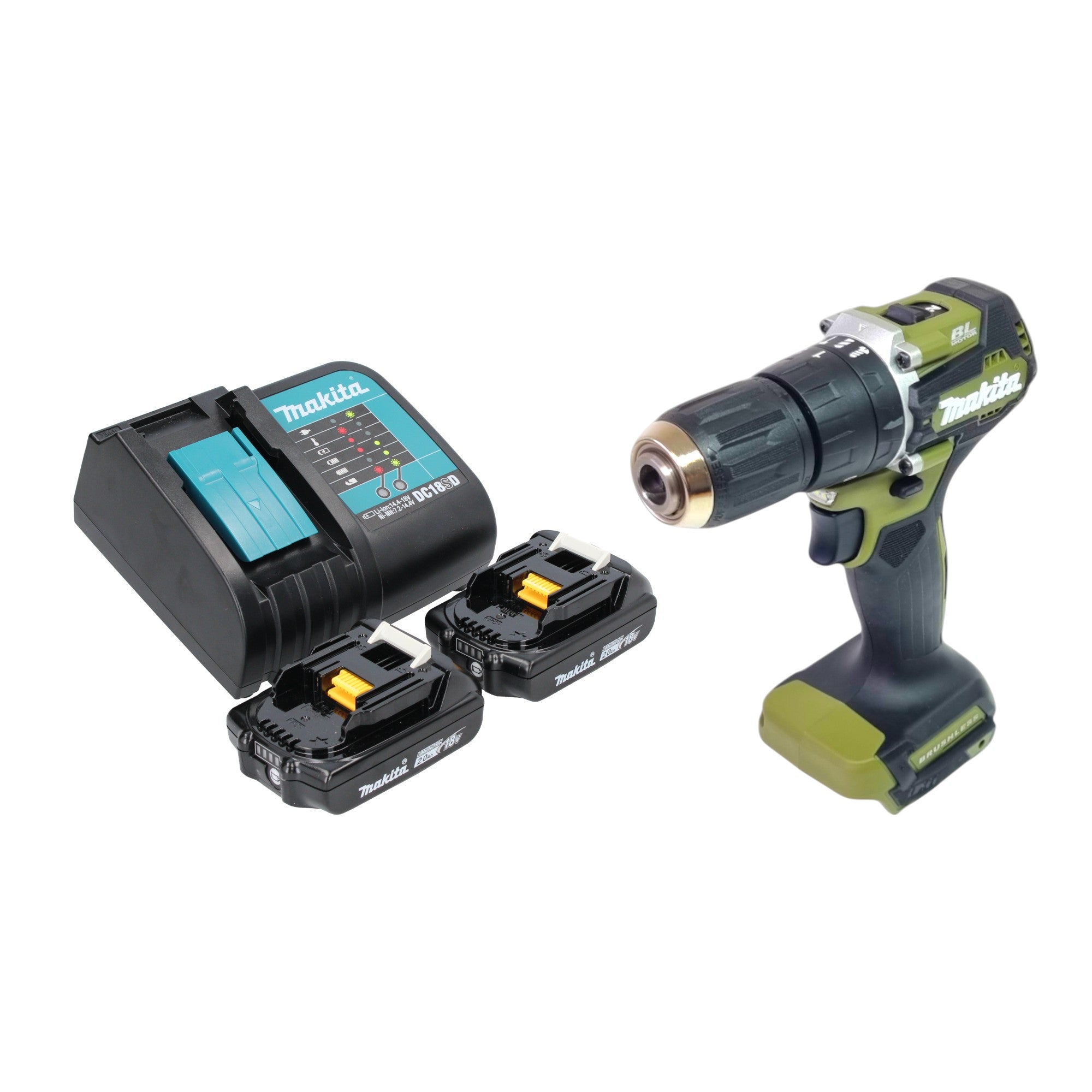 Makita DHP 487 SAO Akku Schlagbohrschrauber 18 V 40 Nm Brushless Olive Outdoor Adventure Serie 2x Akku 2 0 Ah Ladegeraet 0 - toolbrothers