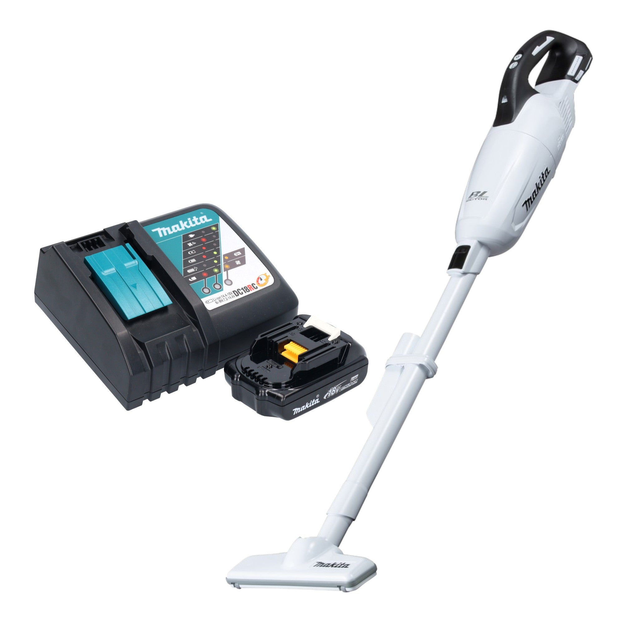 Makita DCL 281 FRY1W Akku Staubsauger 18 V weiss Brushless 1x Akku 1 5 Ah Ladegeraet 0 - toolbrothers