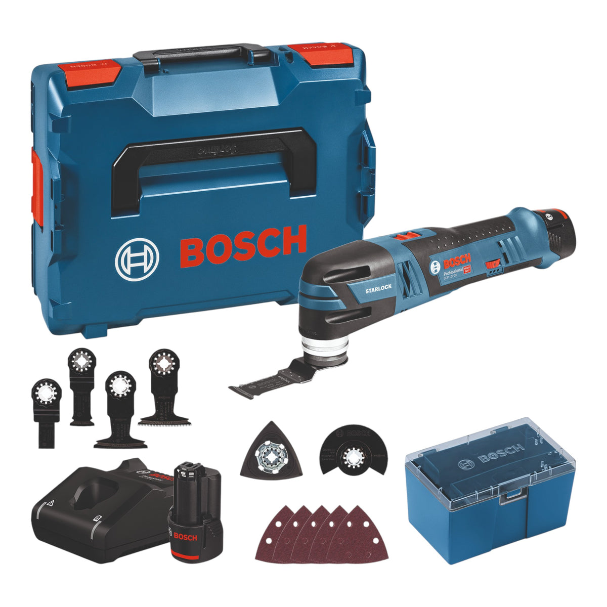 Bosch GOP 12V-28 Professional Multi Cutter a batteria 12 V ( 06018B5006 ) + 2x batteria 3,0 Ah + caricabatteria + L-Boxx