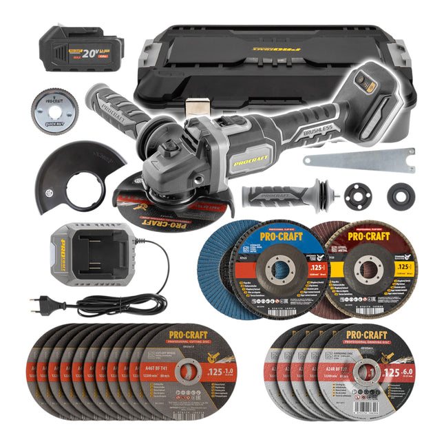 Procraft SAG125B CD Akku Winkelschleifer 20 V 125 mm Brushless 1x Akku 4 0 Ah Ladegeraet Koffer 0 - toolbrothers
