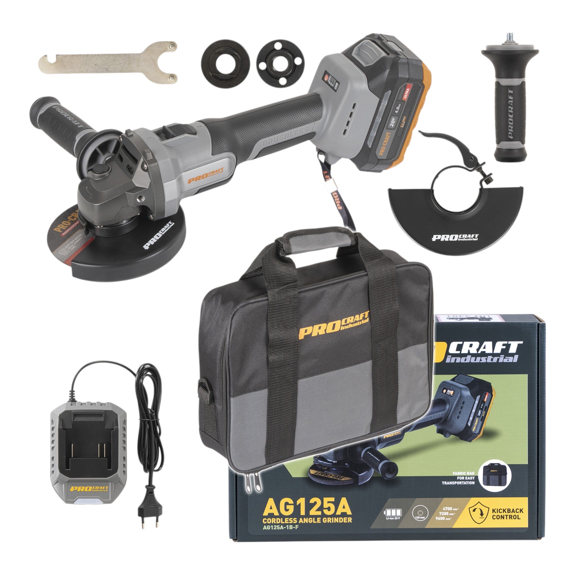 Procraft Industrial AG125A 1B F Akku Winkelschleifer 20 V 125 mm Brushless 1x Akku 4 0 Ah Ladegeraet Tasche 0 - toolbrothers