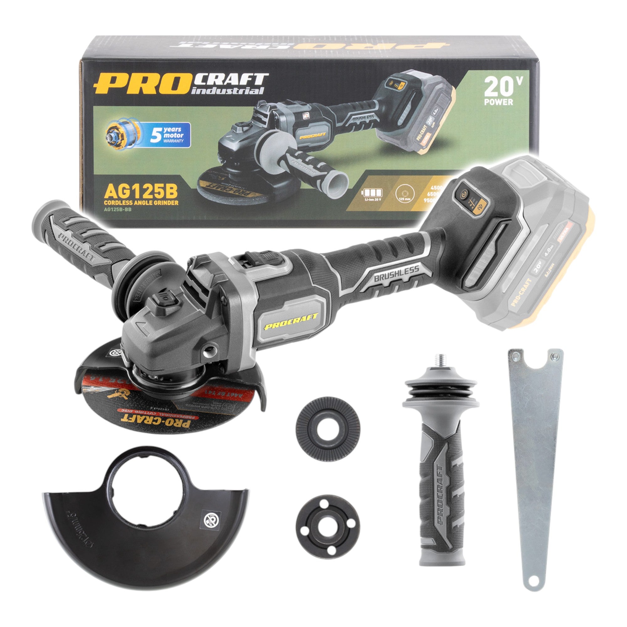 Procraft Industrial AG125Bbb Akku Winkelschleifer 20 V 125 mm Brushless Solo ohne Akku ohne Ladegeraet 1 - toolbrothers