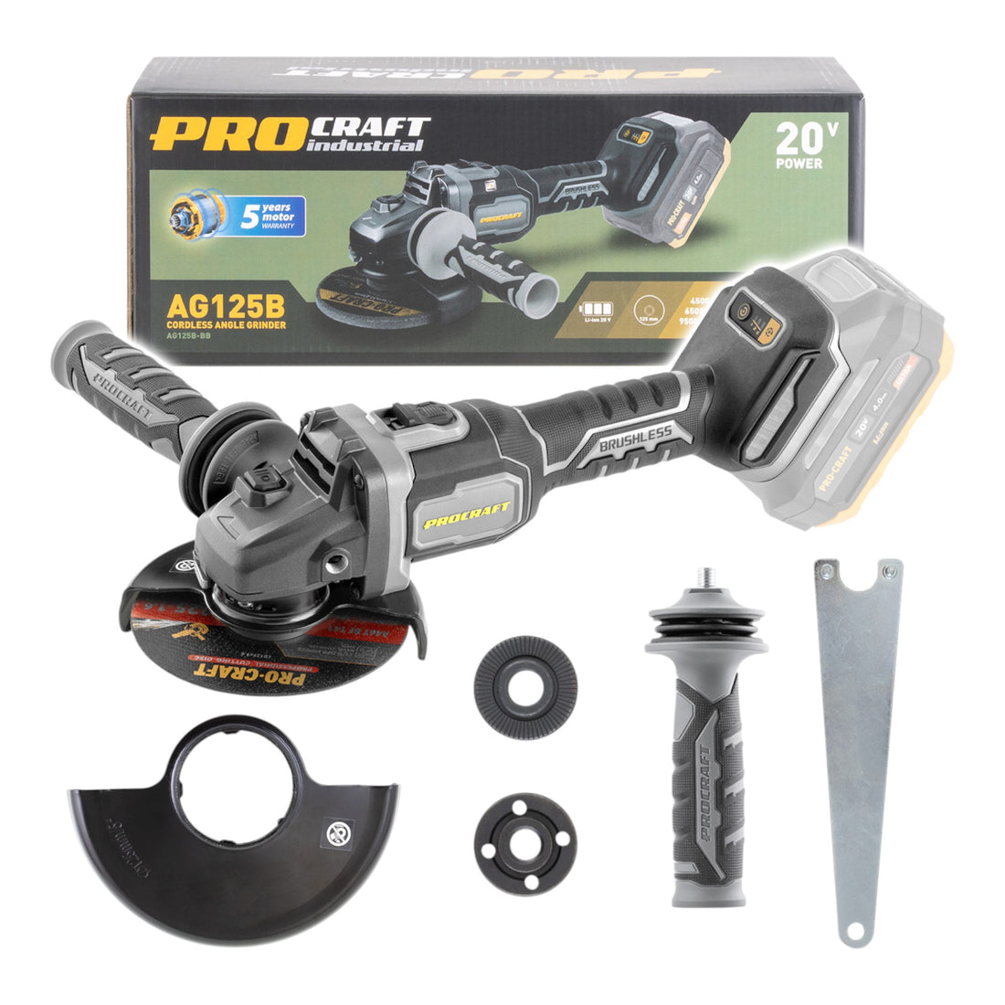 Smerigliatrice angolare a batteria Procraft Industrial AG125Bbb 20 V 125 mm Brushless Solo - senza batteria, senza caricabatteria