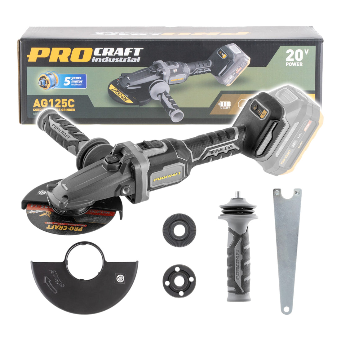 Procraft Industrial AG125Cbb Smerigliatrice angolare a batteria con testa piatta 20 V 125 mm Brushless Solo - senza batteria, senza caricabatteria