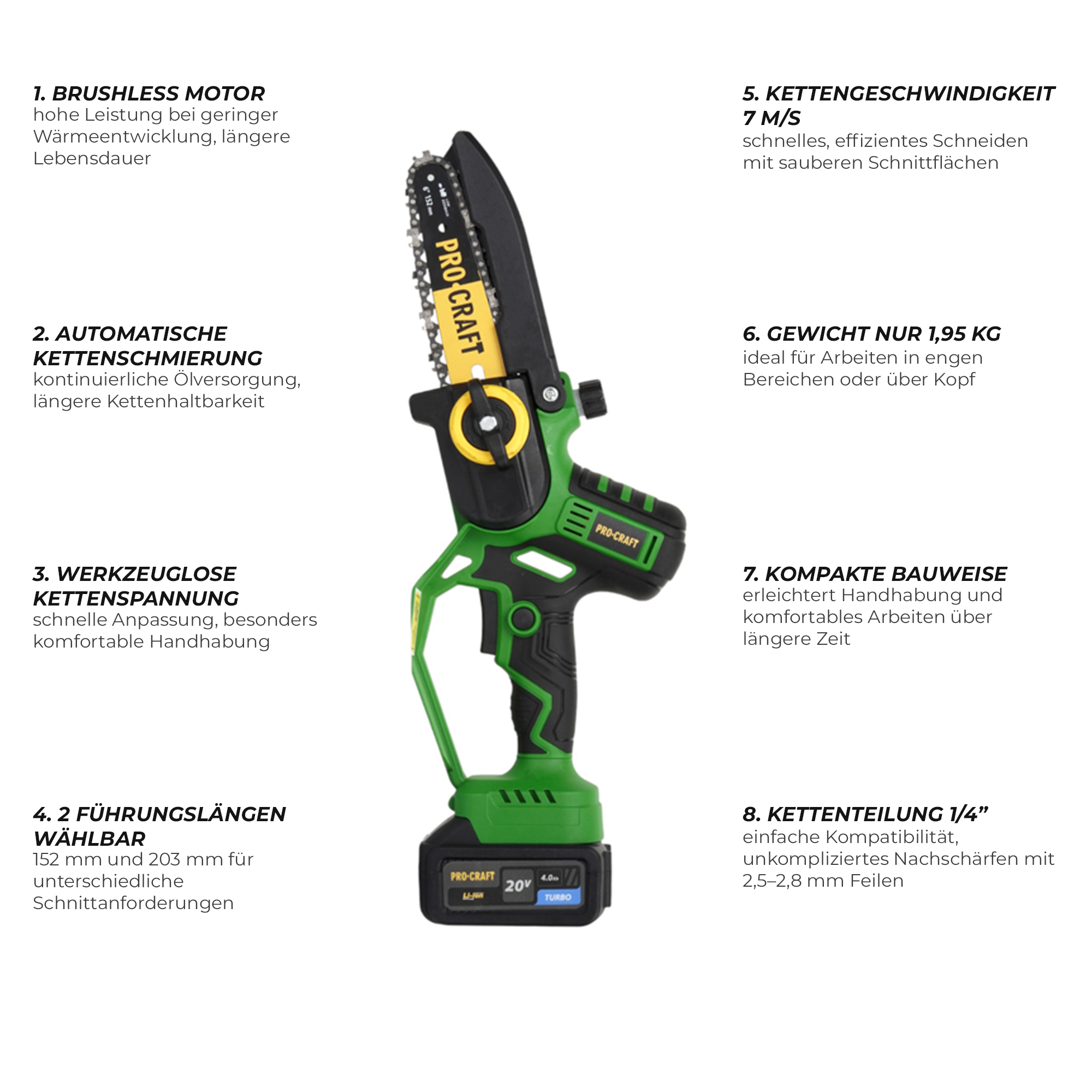 Motosega a batteria Procraft PKA32Li 20 V 203 mm Brushless + 1x batteria 4,0 Ah + caricabatteria + valigetta