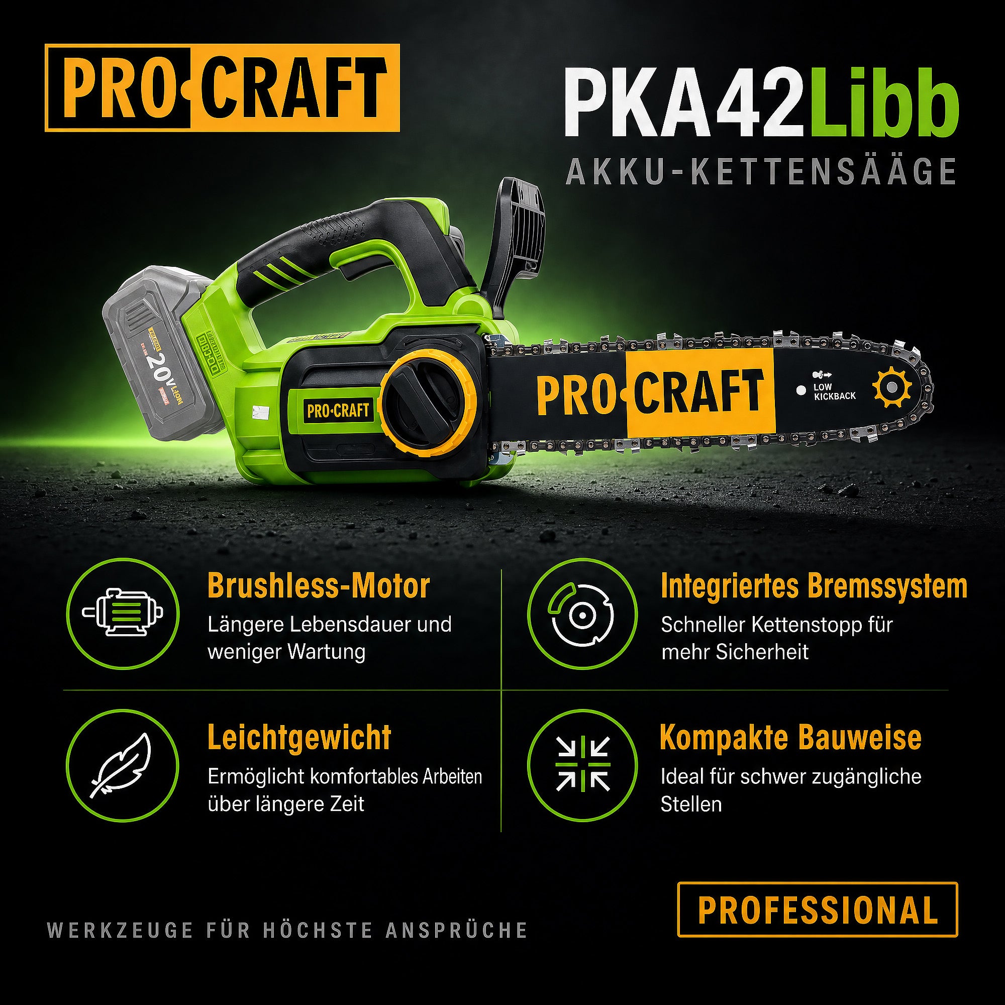 Procraft PKA42Libb Akku Kettensaege 20 V 304 mm Brushless Solo ohne Akku ohne Ladegeraet 1 - toolbrothers