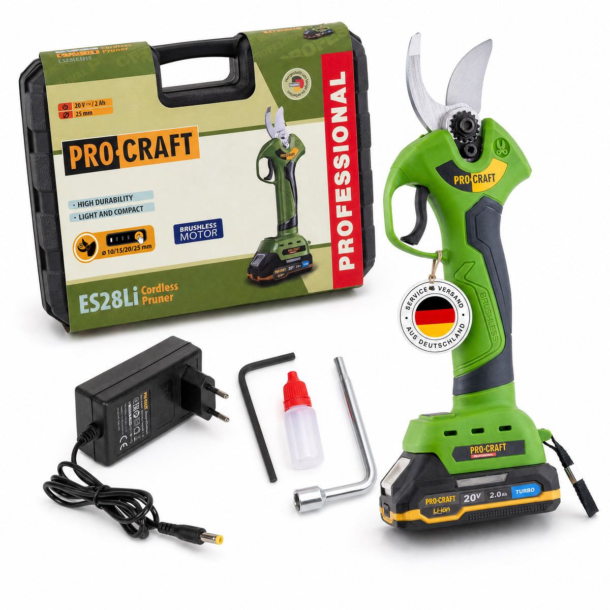 Procraft ES28Li Cesoie per rami a batteria 20 V Brushless + 1x batteria 2,0 Ah + caricabatteria + valigetta