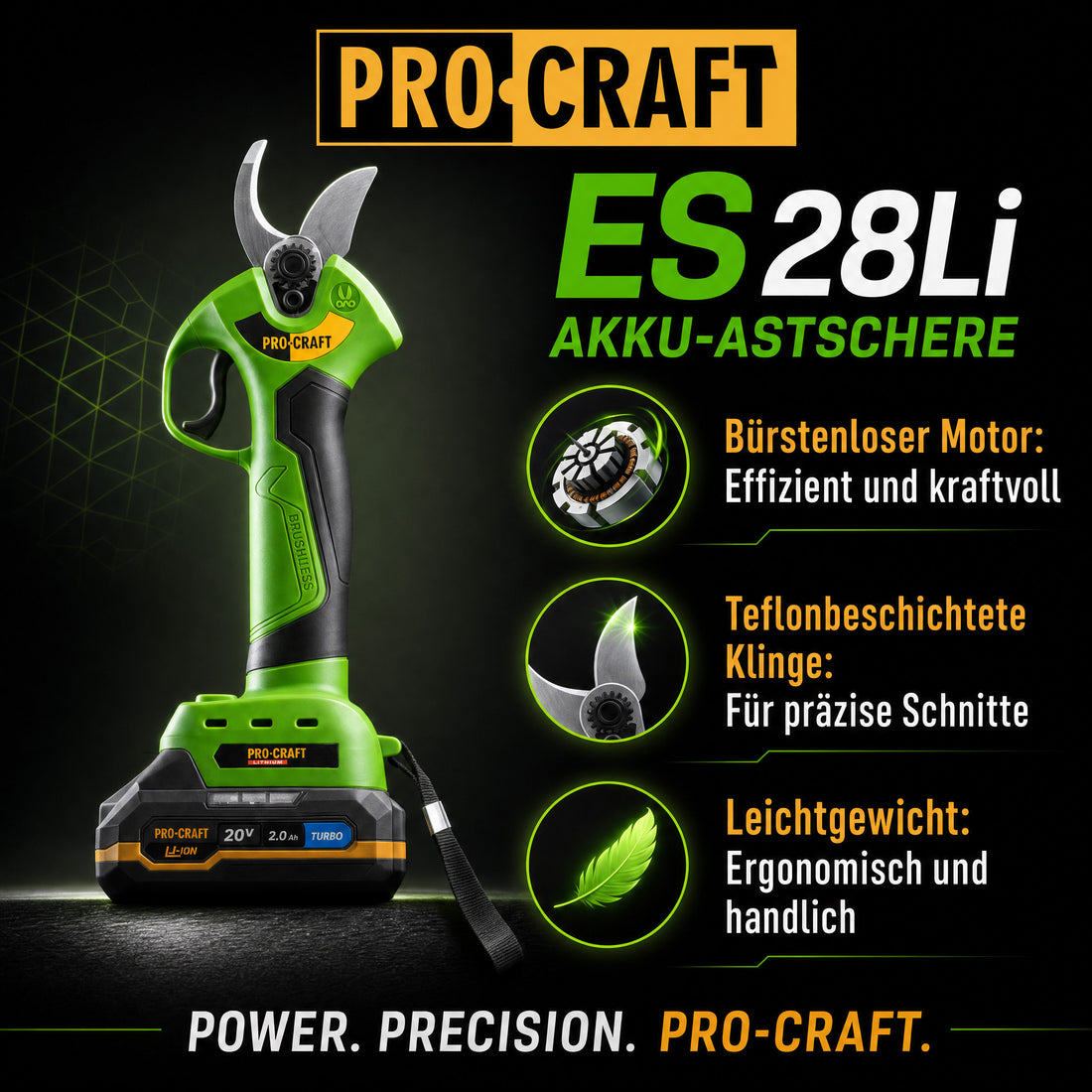 Procraft ES28Li Cesoie per rami a batteria 20 V Brushless + 1x batteria 2,0 Ah + caricabatteria + valigetta