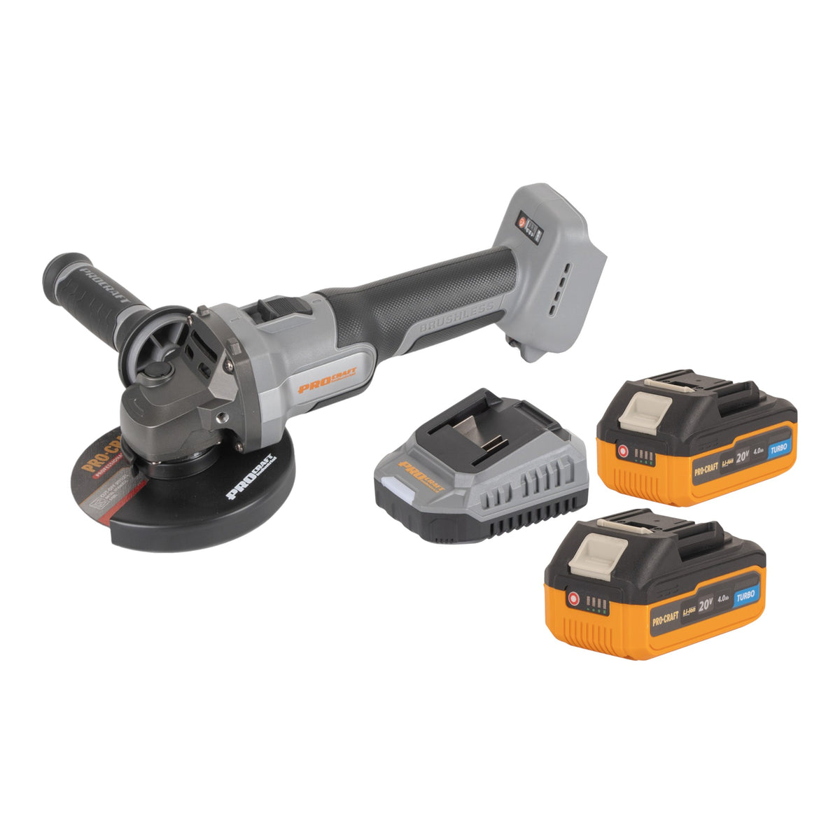 Procraft Industrial AG125Abb Smerigliatrice angolare a batteria 20 V 125 mm Brushless + 2x batteria 4,0 Ah + caricabatteria