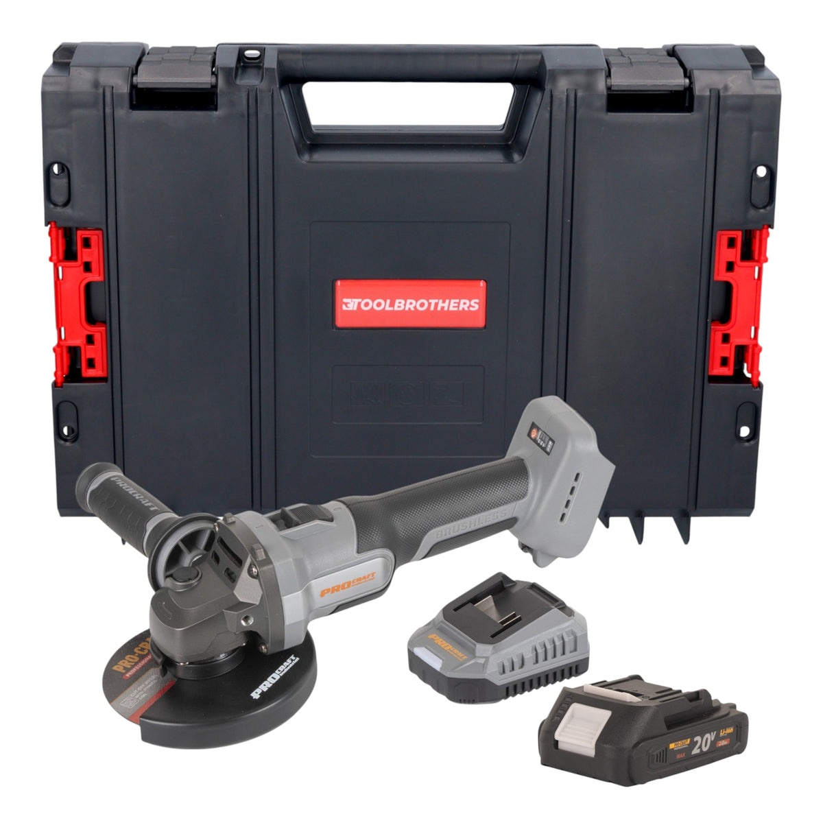 Procraft Industrial AG125Abb Smerigliatrice angolare a batteria 20 V 125 mm Brushless + 1x batteria 2,0 Ah + caricabatteria + valigetta porta attrezzi RHINO