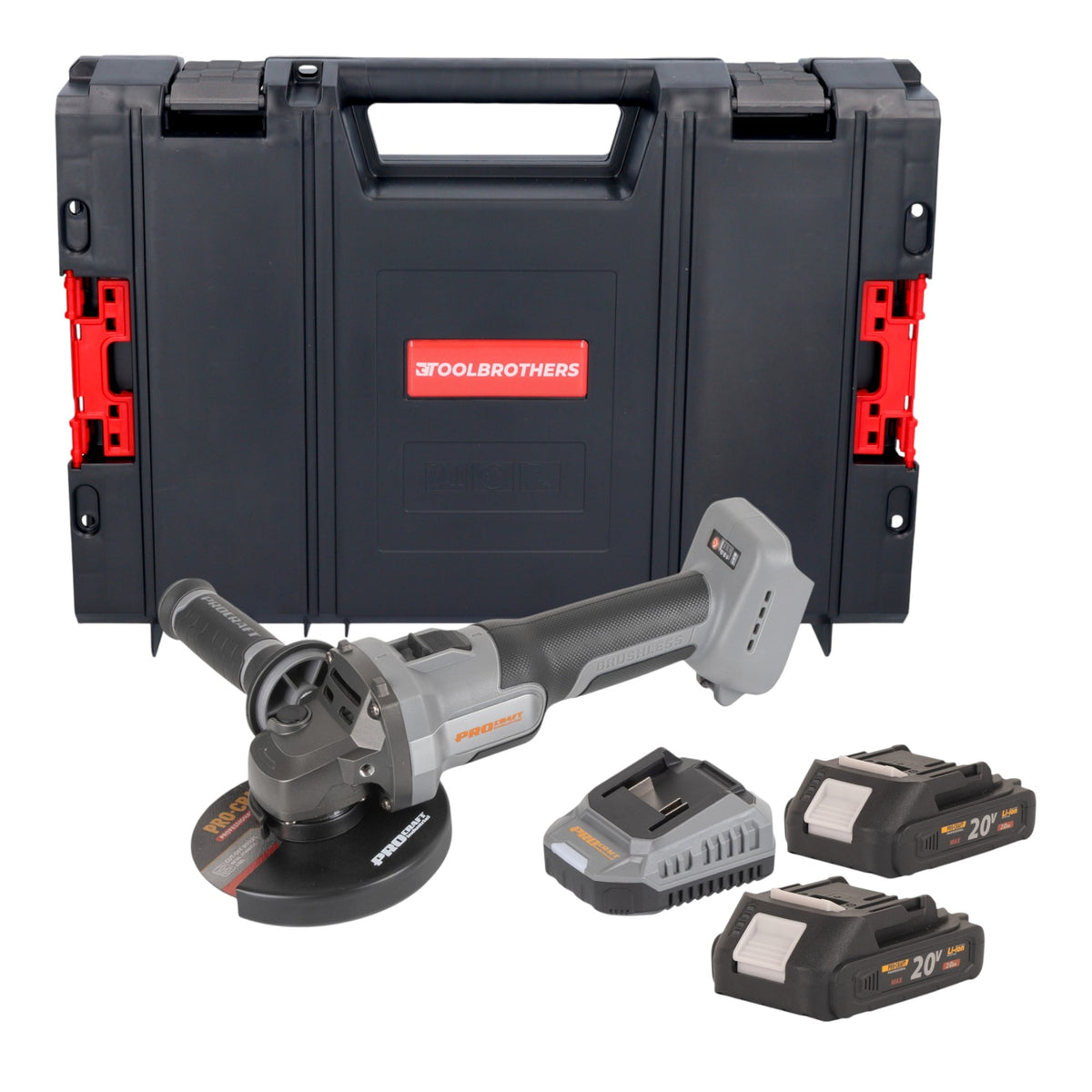 Smerigliatrice angolare a batteria Procraft Industrial AG125Abb 20 V 125 mm Brushless + 2 batterie 2,0 Ah + caricabatteria + valigetta portautensili RHINO