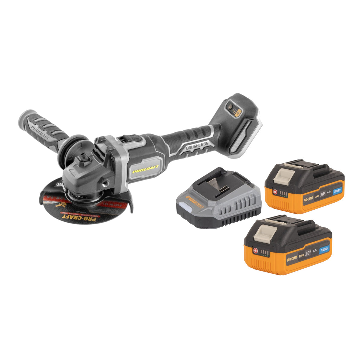 Smerigliatrice angolare a batteria Procraft Industrial AG125Bbb 20 V 125 mm Brushless + 2x batteria 4,0 Ah + caricabatteria
