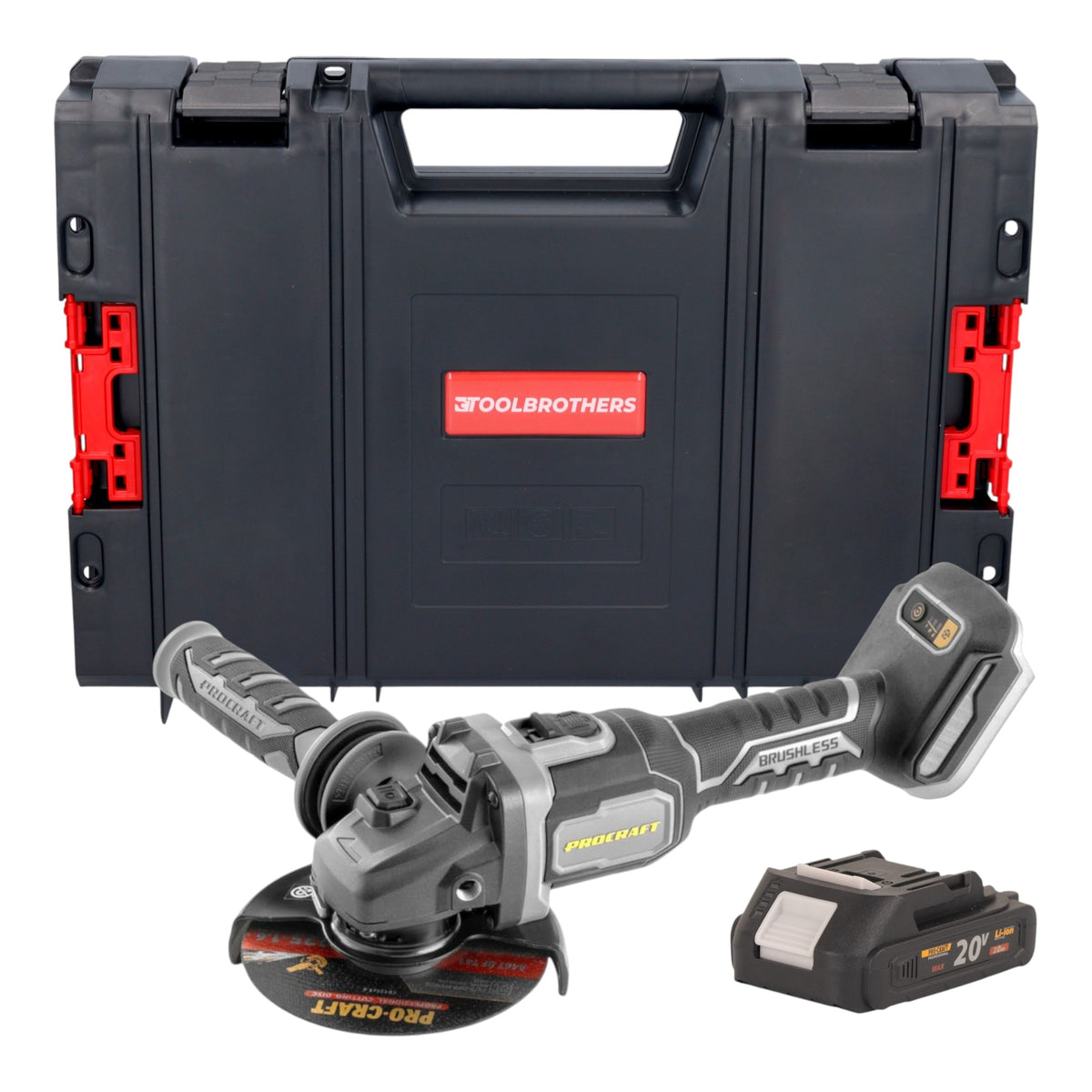 Smerigliatrice angolare a batteria Procraft Industrial AG125Bbb 20 V 125 mm Brushless + 1x batteria 2,0 Ah + valigetta RHINO Toolcase - senza caricabatteria