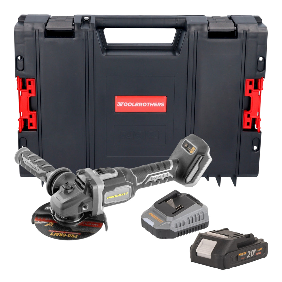 Smerigliatrice angolare a batteria Procraft Industrial AG125Bbb 20 V 125 mm Brushless + 1x batteria 2,0 Ah + caricabatteria + valigetta porta attrezzi RHINO