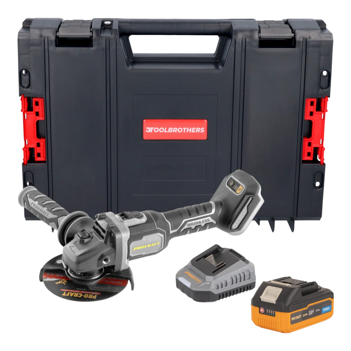 Smerigliatrice angolare a batteria Procraft Industrial AG125Bbb 20 V 125 mm Brushless + 1x batteria 4,0 Ah + caricabatteria + valigetta porta attrezzi RHINO
