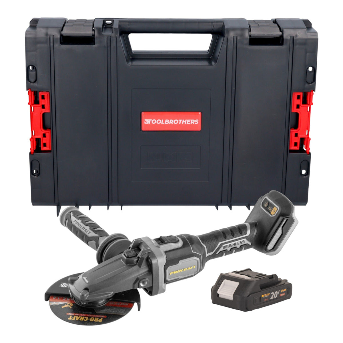 Smerigliatrice angolare a batteria Procraft Industrial AG125Cbb con testa piatta 20 V 125 mm Brushless + 1x batteria 2,0 Ah + valigetta RHINO Toolcase - senza caricabatteria