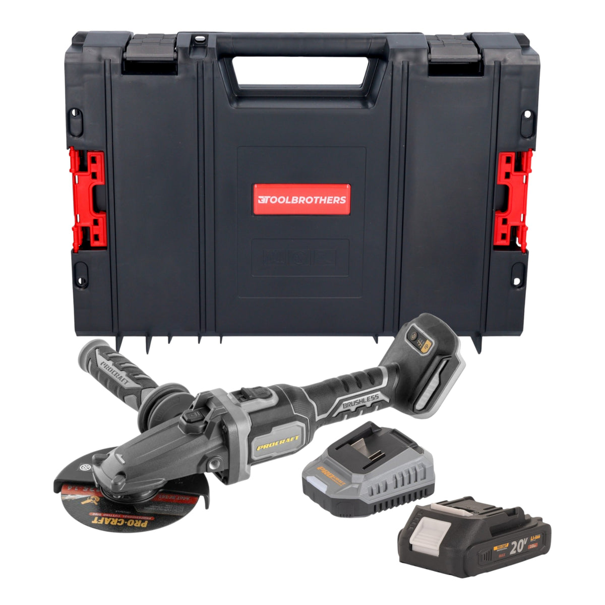 Smerigliatrice angolare a testa piatta con batteria Procraft Industrial AG125Cbb 20 V 125 mm Brushless + 1x batteria 2,0 Ah + caricabatteria + valigetta porta attrezzi RHINO