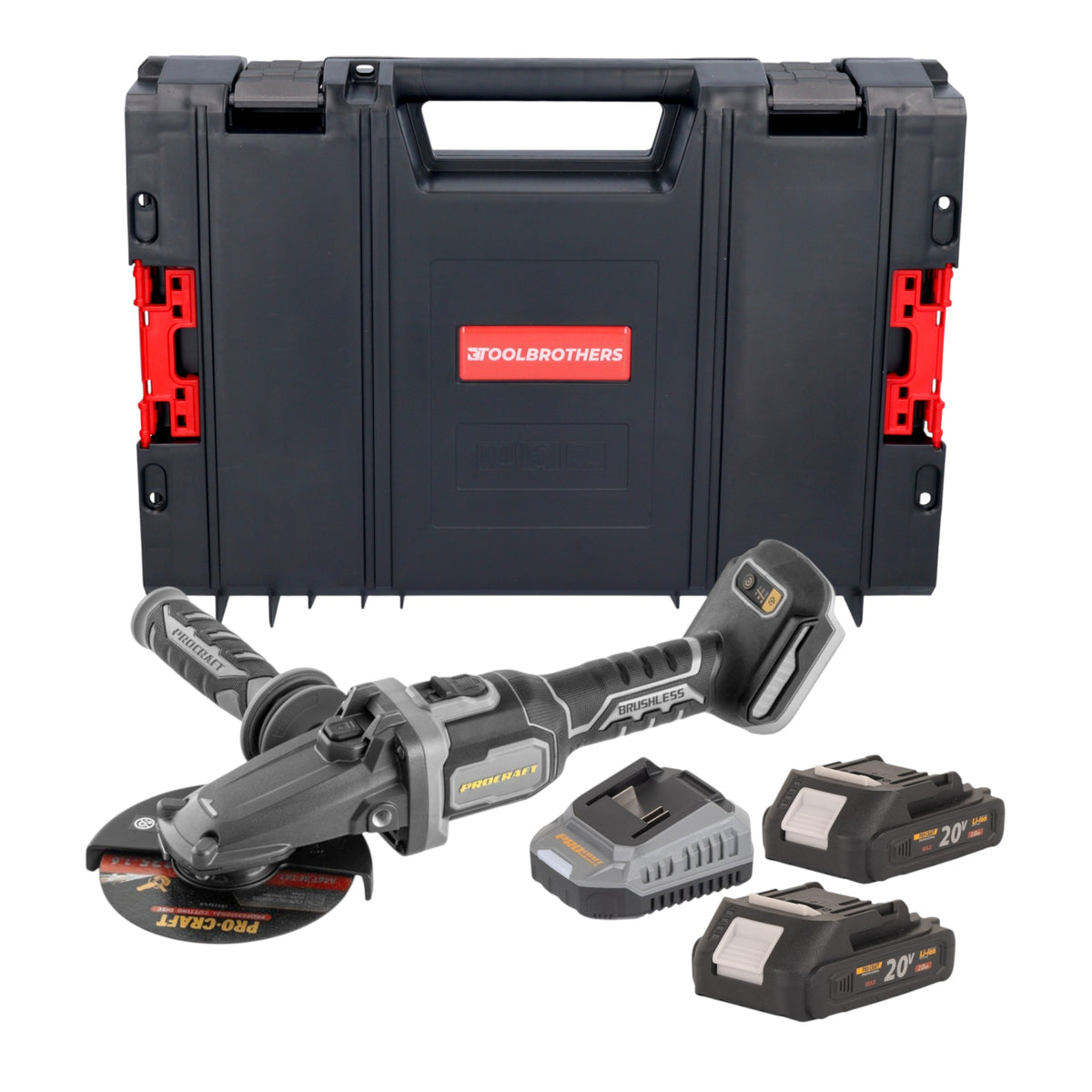Smerigliatrice angolare a batteria Procraft Industrial AG125Cbb con testa piatta 20 V 125 mm Brushless + 2x batterie 2,0 Ah + caricabatteria + valigetta portautensili RHINO