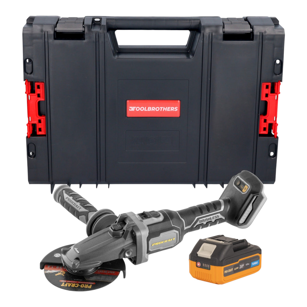 Smerigliatrice angolare a batteria Procraft Industrial AG125Cbb con testa piatta 20 V 125 mm Brushless + 1x batteria 4,0 Ah + valigetta portautensili RHINO - senza caricabatteria