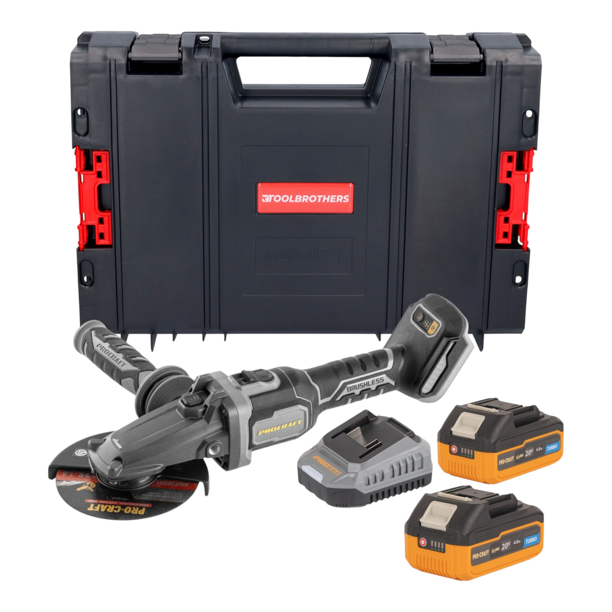 Smerigliatrice angolare a batteria Procraft Industrial AG125Cbb con testa piatta 20 V 125 mm Brushless + 2 batterie 4,0 Ah + caricabatterie + valigetta portautensili RHINO