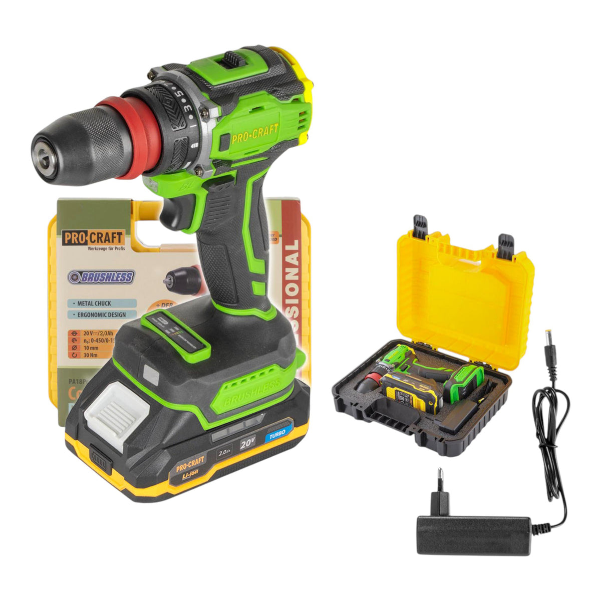 Procraft PA18PRO DFR-1B-C Avvitatore a batteria 20 V 30 Nm Brushless + 1x batteria 2,0 Ah + caricabatteria + valigetta