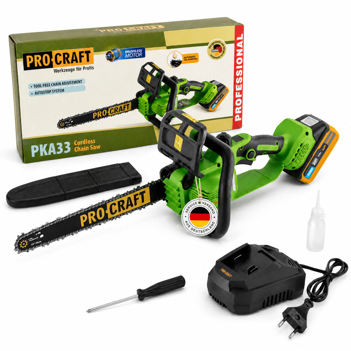 Motosega a batteria Procraft PKA33-1B 20 V 304 mm Brushless + 1x batteria 4,0 Ah + caricabatteria