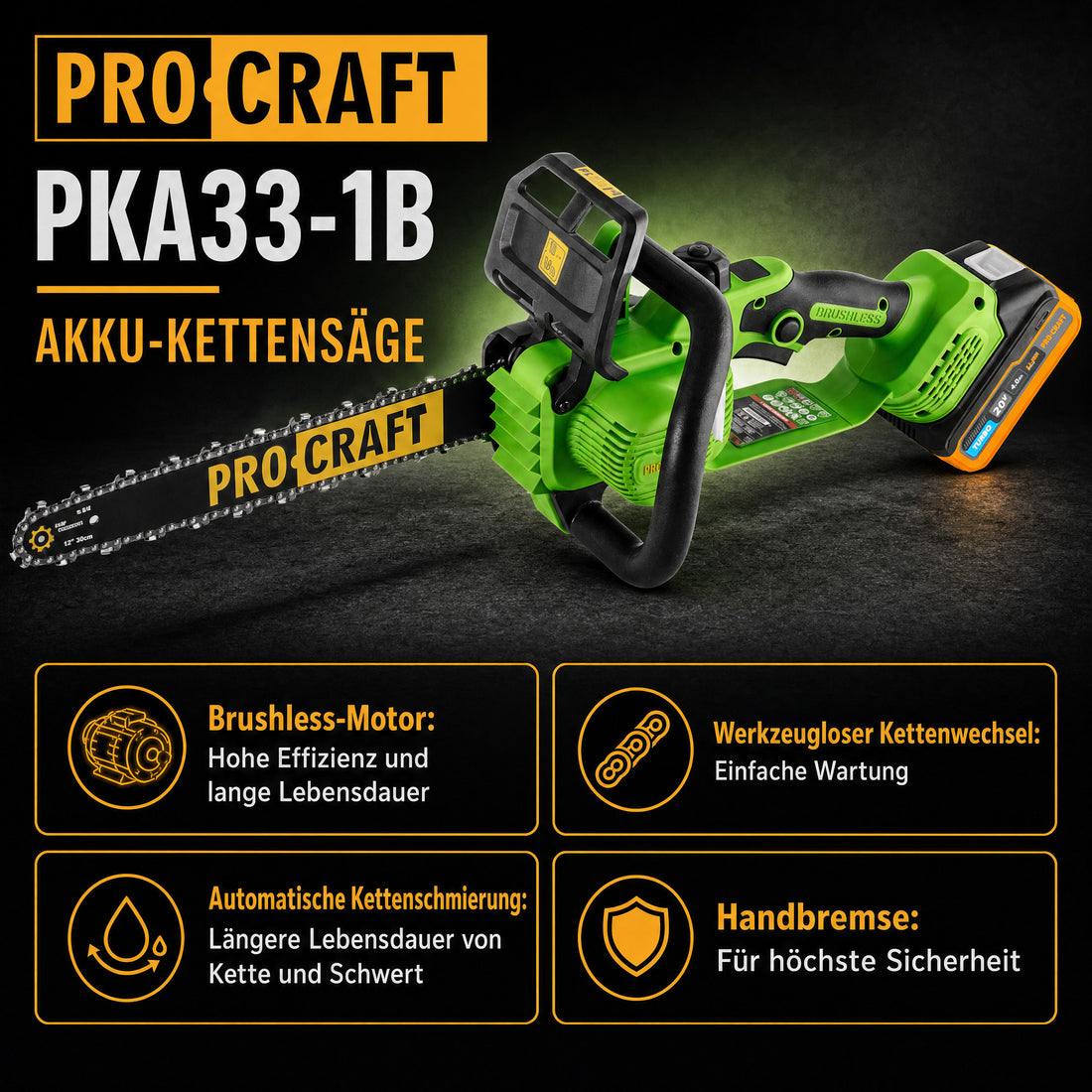 Motosega a batteria Procraft PKA33-1B 20 V 304 mm Brushless + 1x batteria 4,0 Ah + caricabatteria