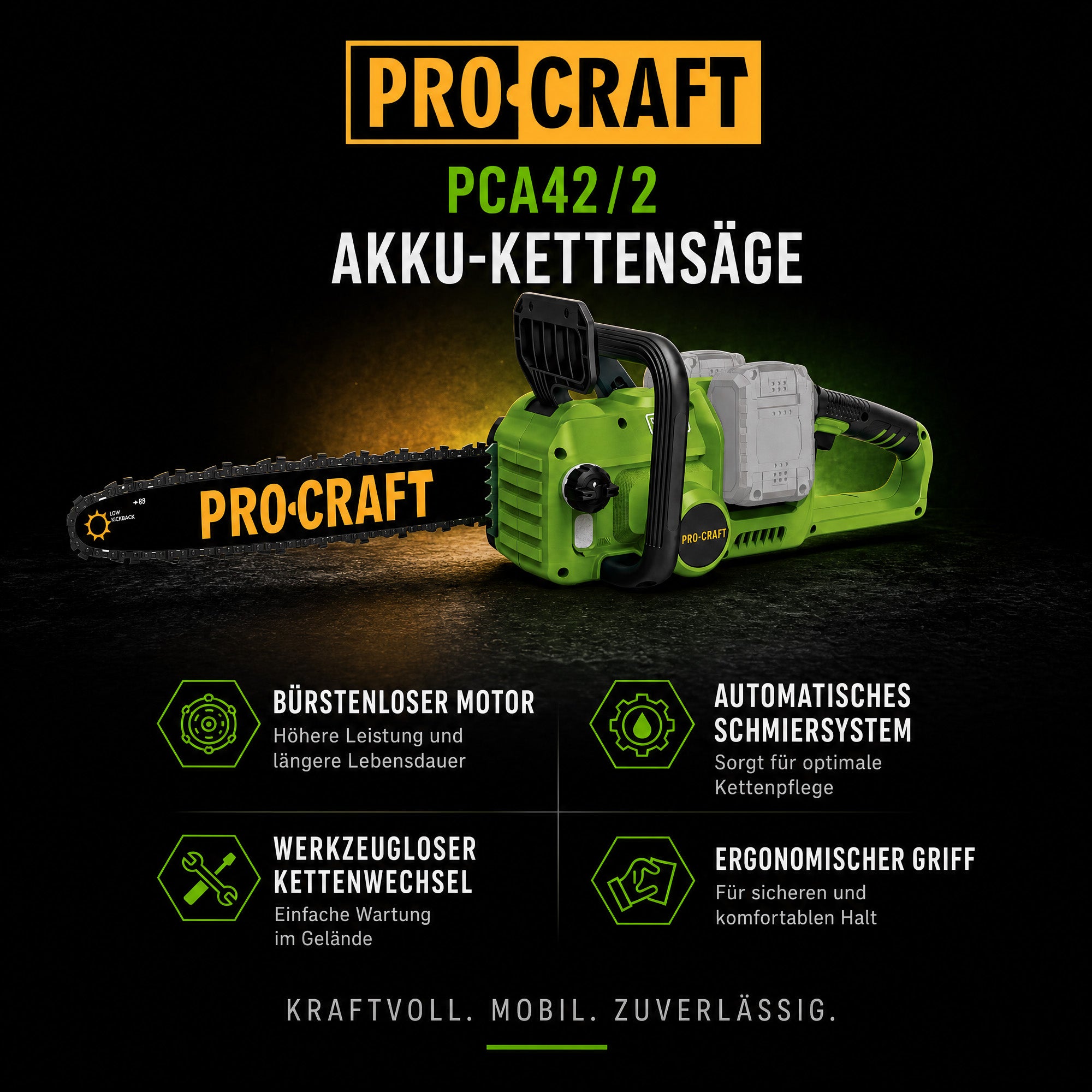 Procraft PCA42 2 Akku Kettensaege 40 V 2x 20 V 406 mm Brushless Solo ohne Akku ohne Ladegeraet 1 - toolbrothers