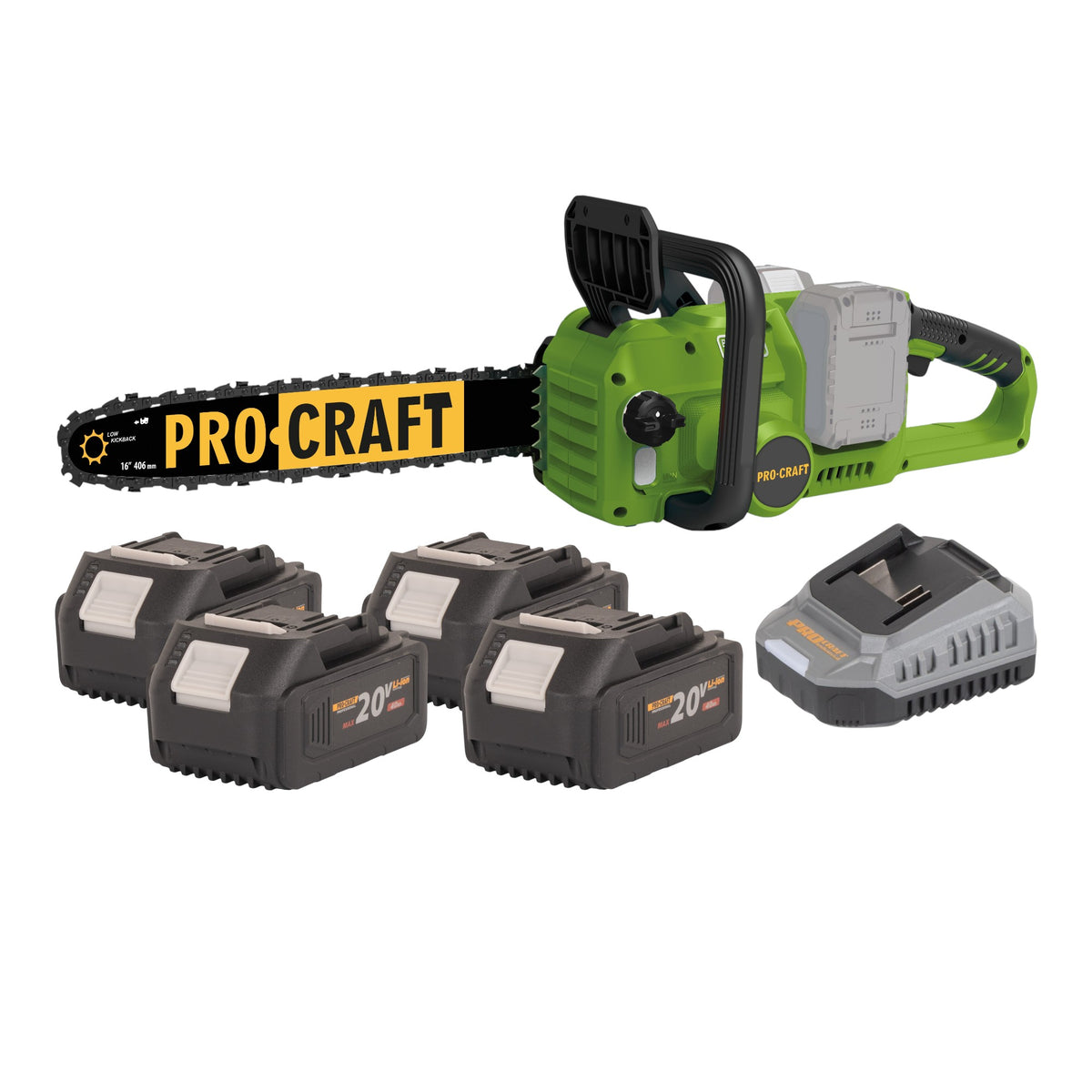 Motosega a batteria Procraft PCA42/2 40 V (2x 20 V) 406 mm Brushless + 4x batteria 4,0 Ah + caricabatteria