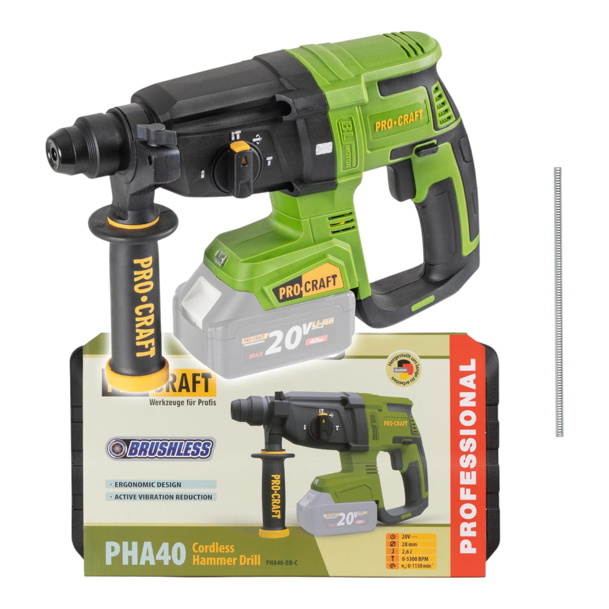 Procraft PHA40bb-c Martello perforatore a batteria 20 V 2,6 J SDS plus Brushless + valigetta - senza batteria, senza caricabatteria