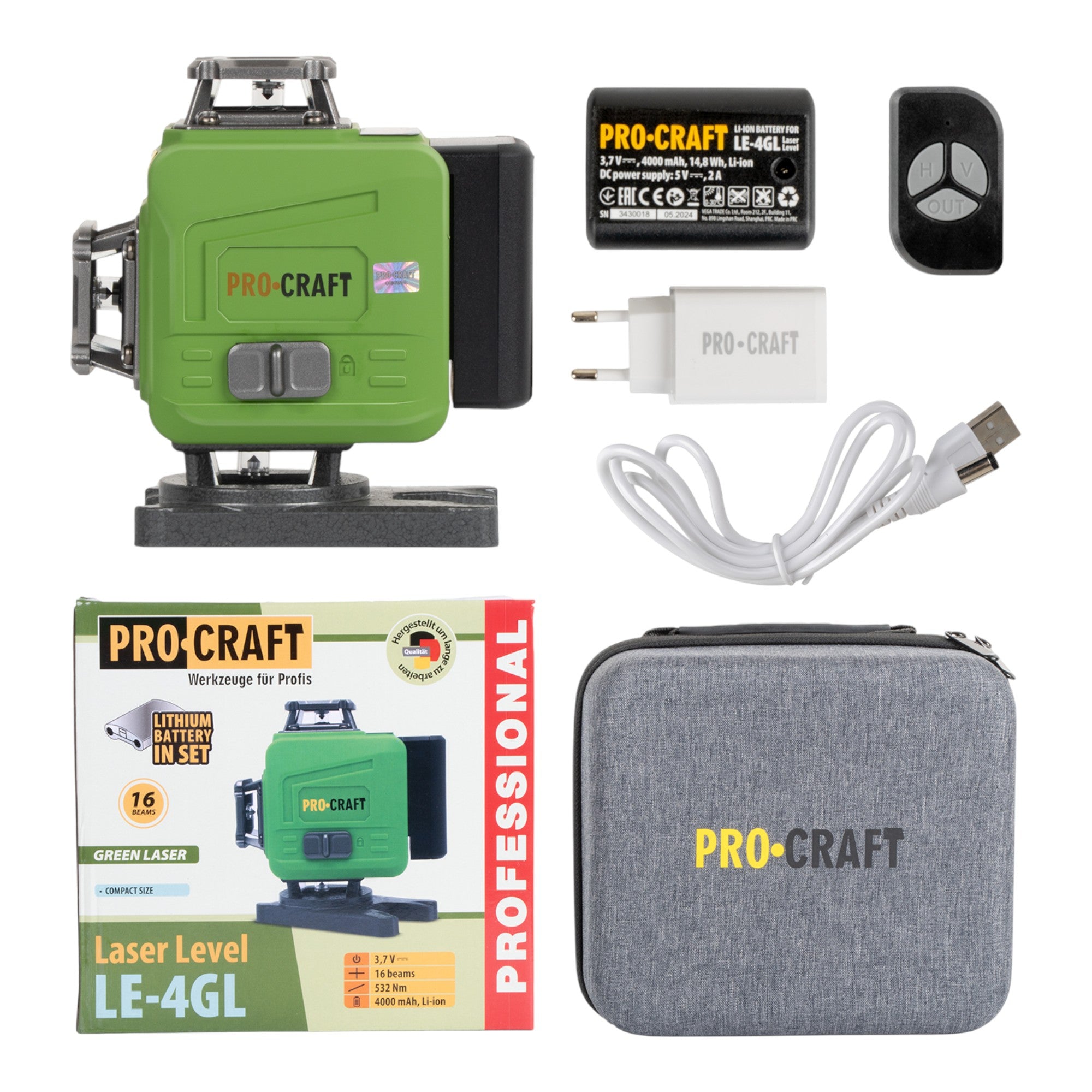 Procraft LE 4GL Akku Kreuzlinienlaser 3 7 V 40 m gruen selbstnivellierend 1x Akku 4 0 Ah Ladegeraet 0 - toolbrothers