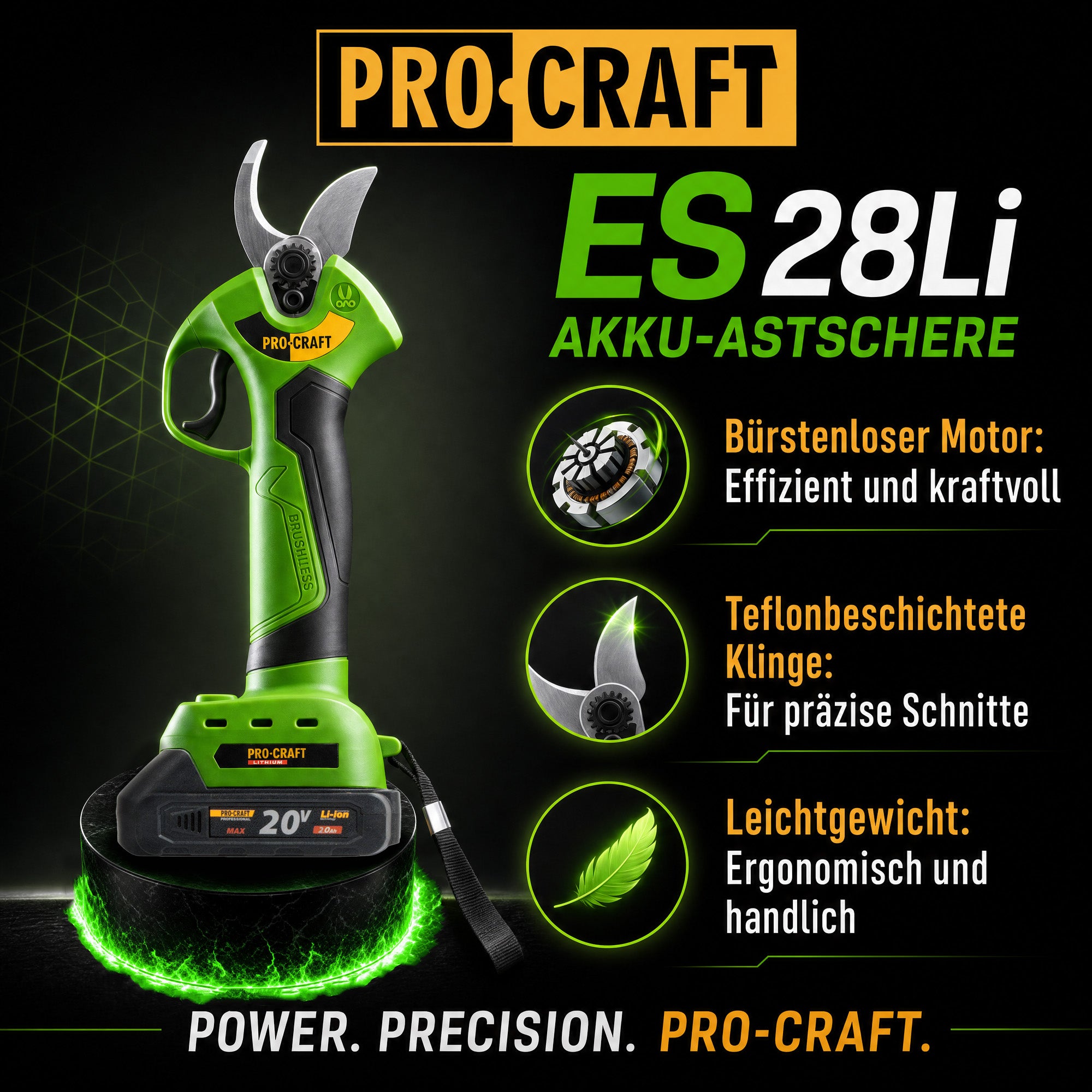 Procraft ES28Li bb Akku Astschere Gartenschere 20 V 25 mm 1x Akku 2 0 Ah ohne Ladegeraet 1 - toolbrothers