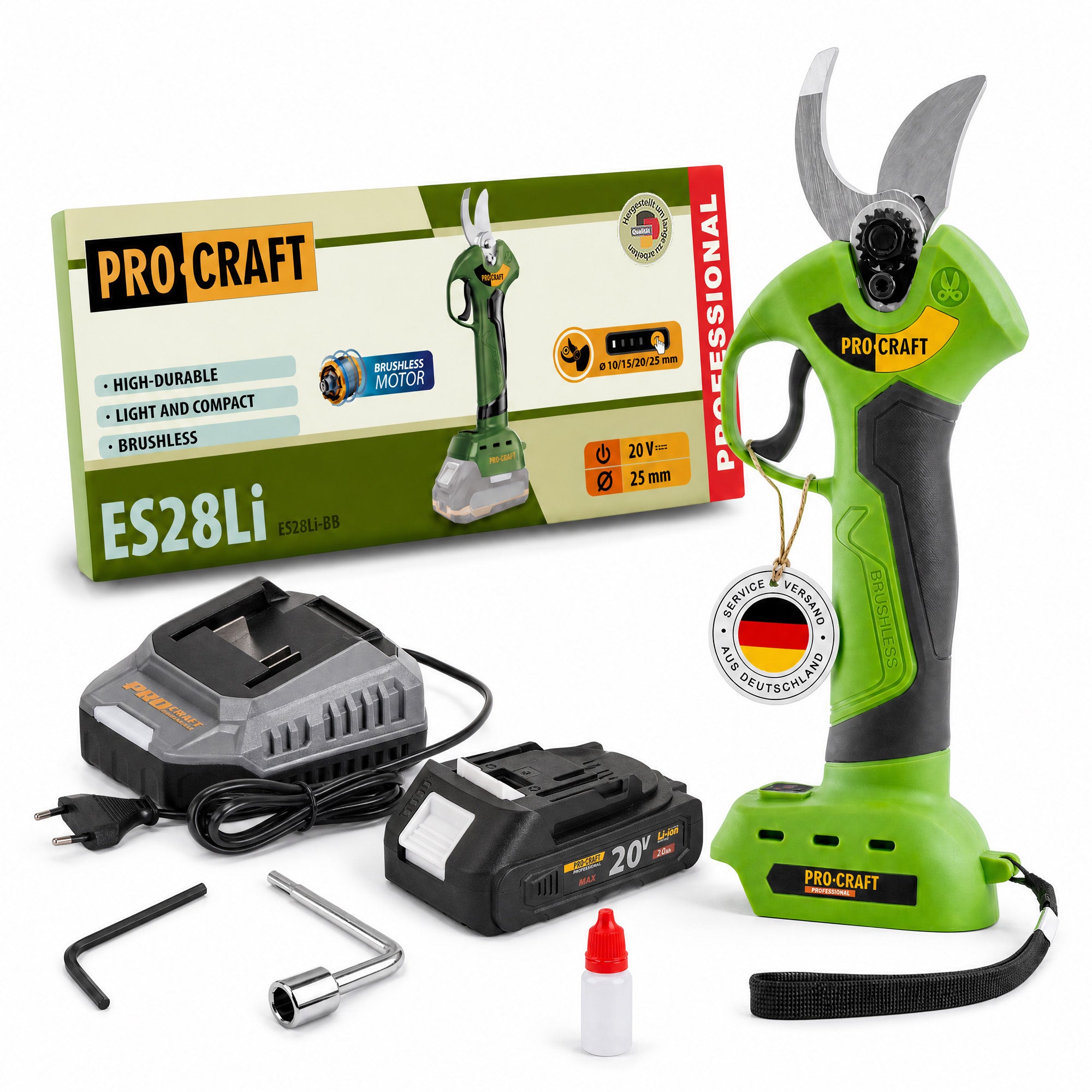 Procraft ES28Li bb Akku Astschere Gartenschere 20 V 25 mm 1x Akku 2 0 Ah Ladegeraet 0 - toolbrothers