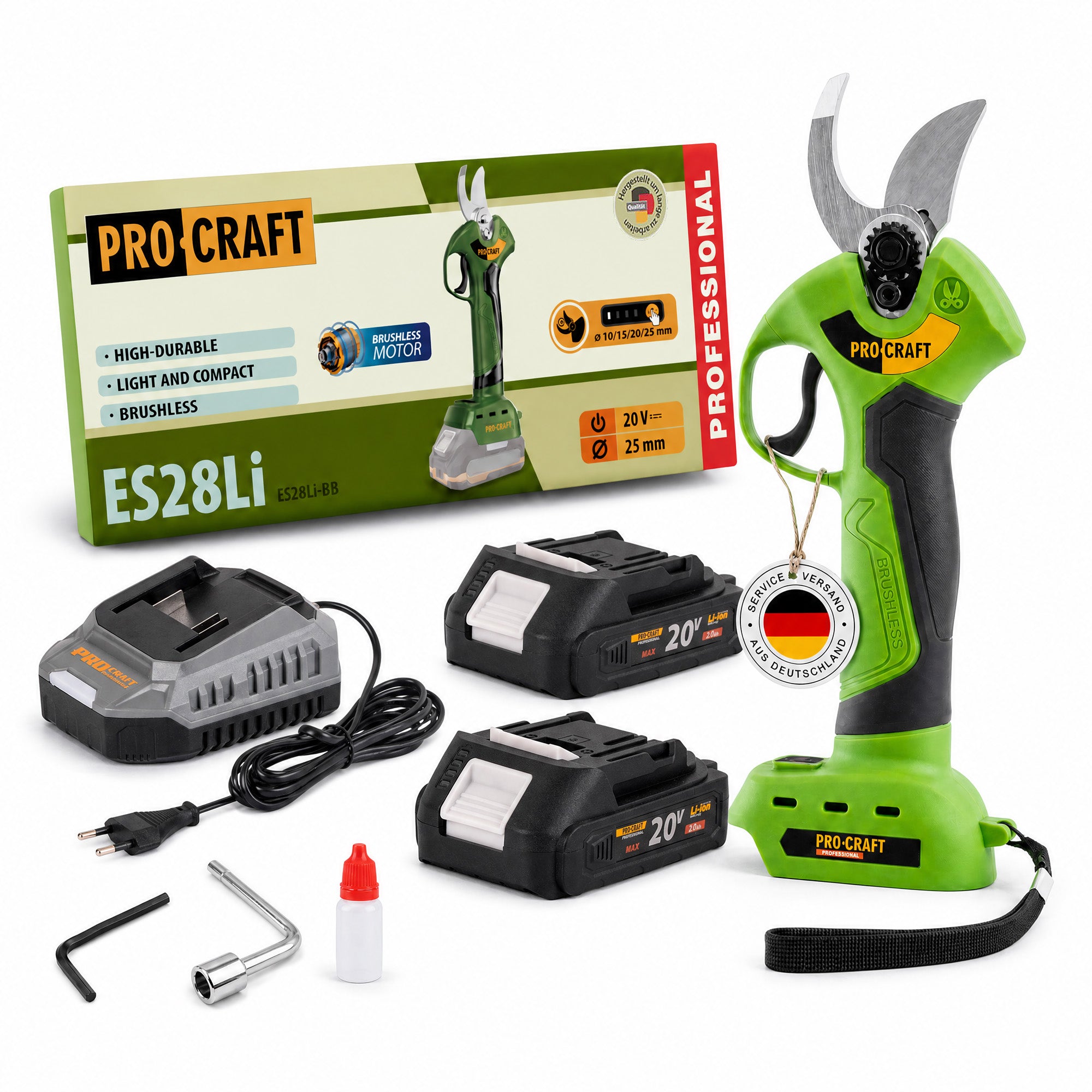 Procraft ES28Li bb Akku Astschere Gartenschere 20 V 25 mm 2x Akku 2 0 Ah Ladegeraet 0 - toolbrothers