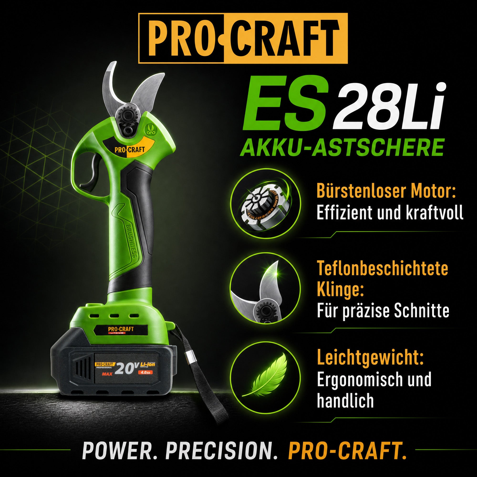 Procraft ES28Li bb Akku Astschere Gartenschere 20 V 25 mm 2x Akku 4 0 Ah Ladegeraet 1 - toolbrothers