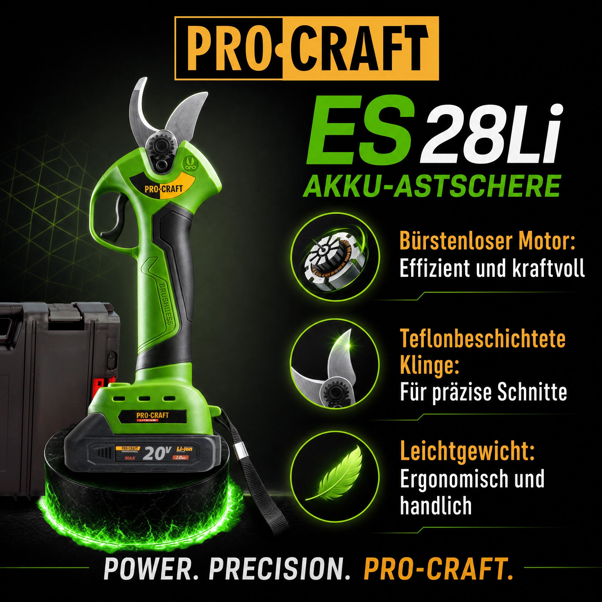 Procraft ES28Li bb Akku Astschere Gartenschere 20 V 25 mm 1x Akku 2 0 Ah Ladegeraet RHINO Toolcase 1 - toolbrothers