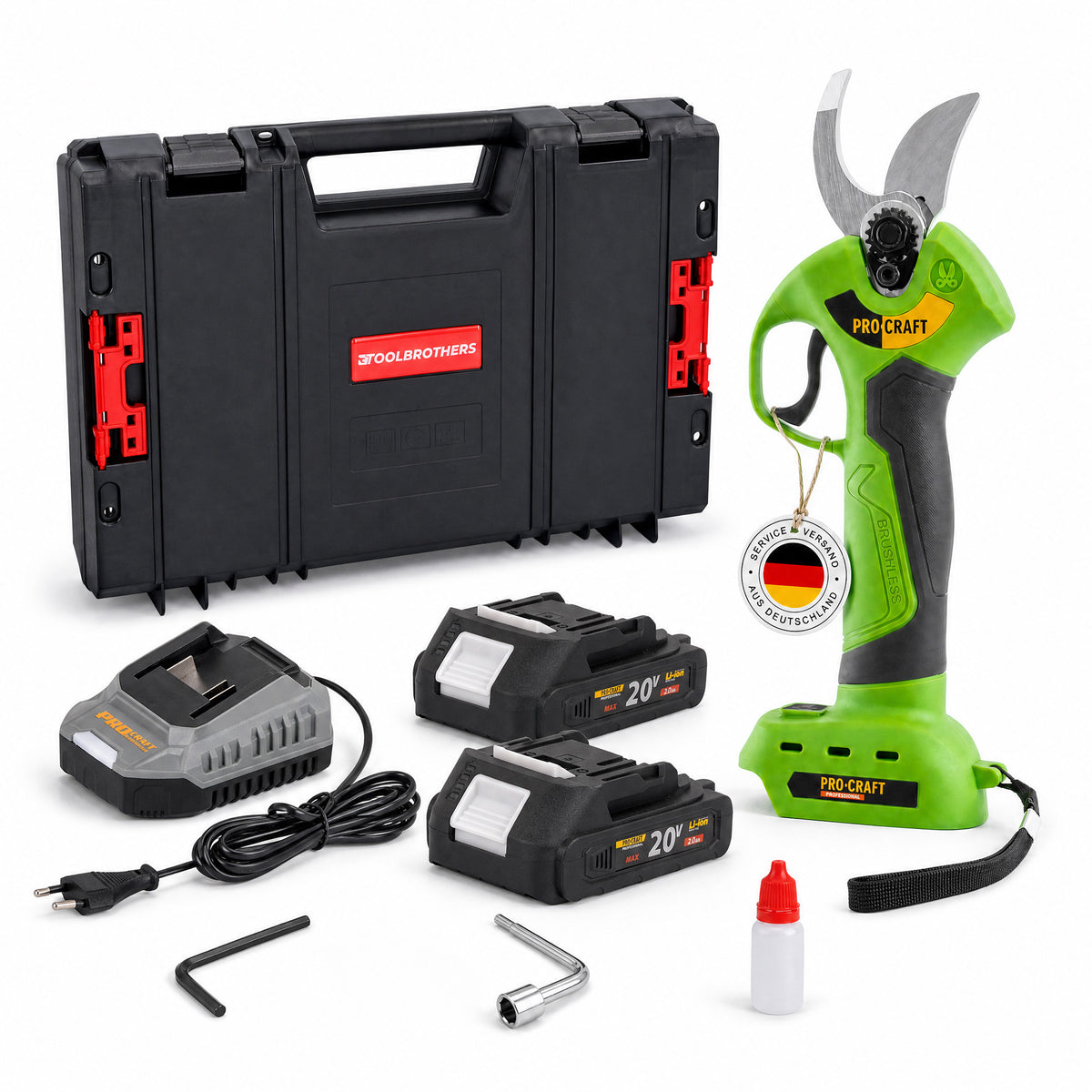 Procraft ES28Li bb Cesoie a batteria Cesoie da giardino 20 V 25 mm + 2x batteria 2,0 Ah + caricabatteria + valigetta porta attrezzi RHINO
