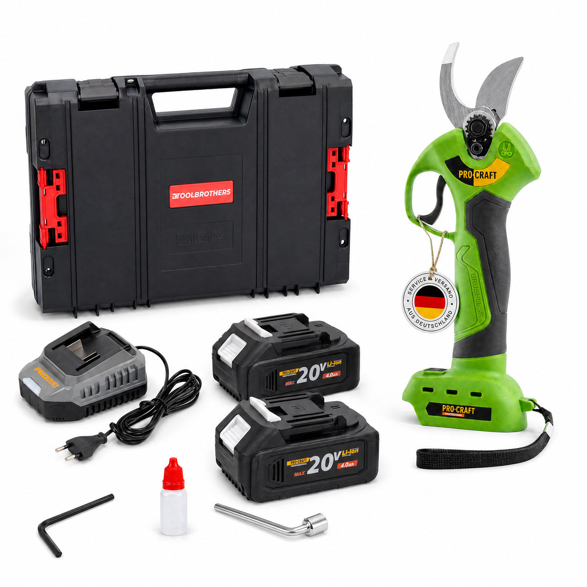 Cesoie per potatura a batteria Procraft ES28Li bb 20 V 25 mm + 2x batteria 4,0 Ah + caricabatteria + valigetta porta attrezzi RHINO