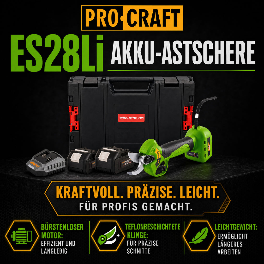 Cesoie per potatura a batteria Procraft ES28Li bb 20 V 25 mm + 2x batteria 4,0 Ah + caricabatteria + valigetta porta attrezzi RHINO